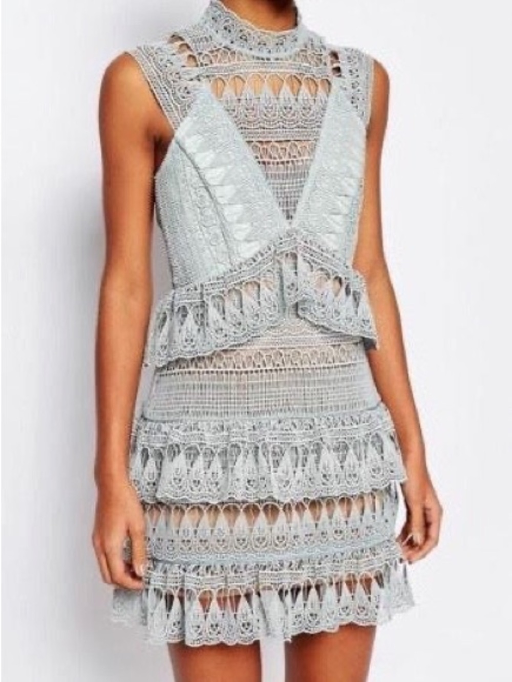 Sage Grey Heavy Lace High Neck Lace Dress XS